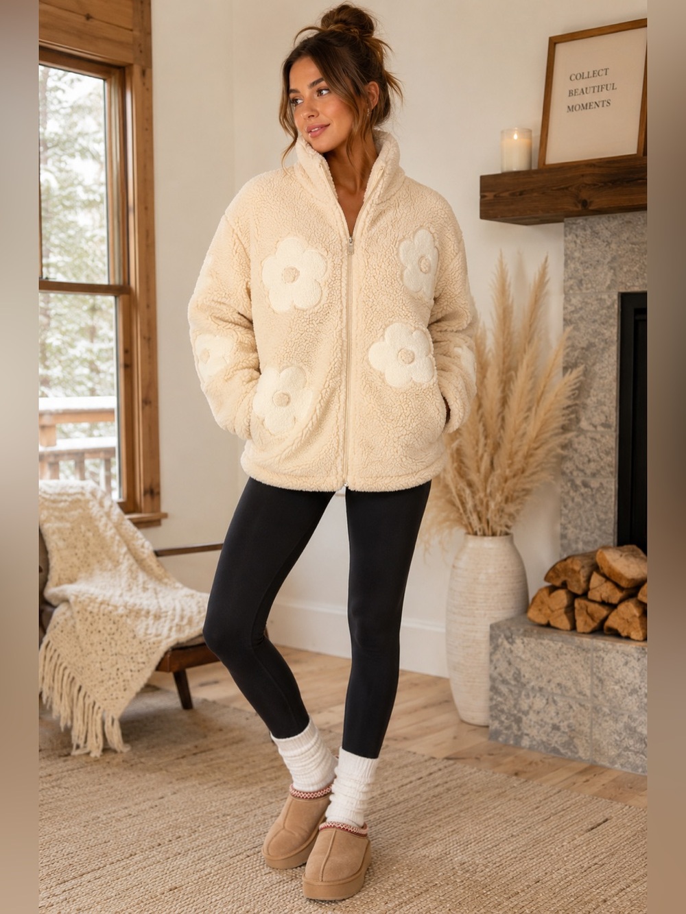 Mark Edwards Studio Cream Floral Sherpa Zip Jacket Large Cozy Teddy Fleece